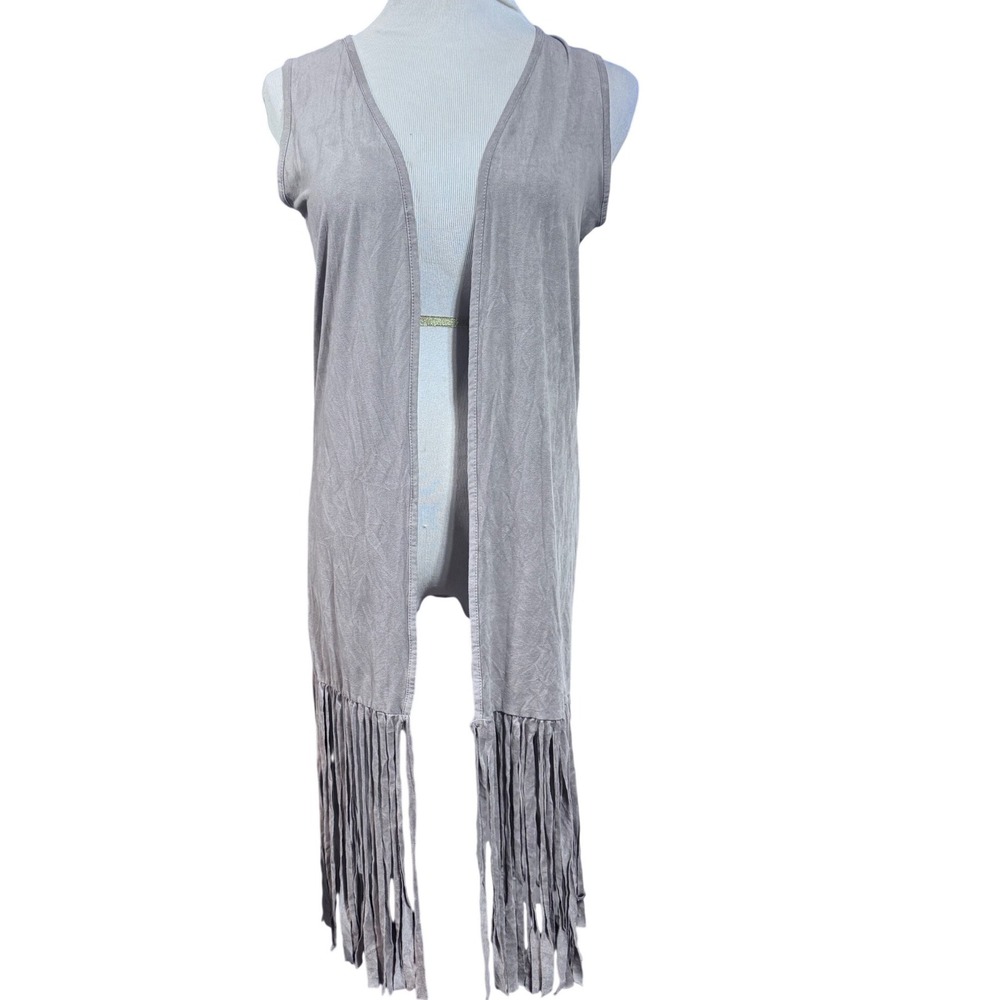 Have Vest Womens Small Faux Suede Fringe Longline Open Front Taupe Boho Western